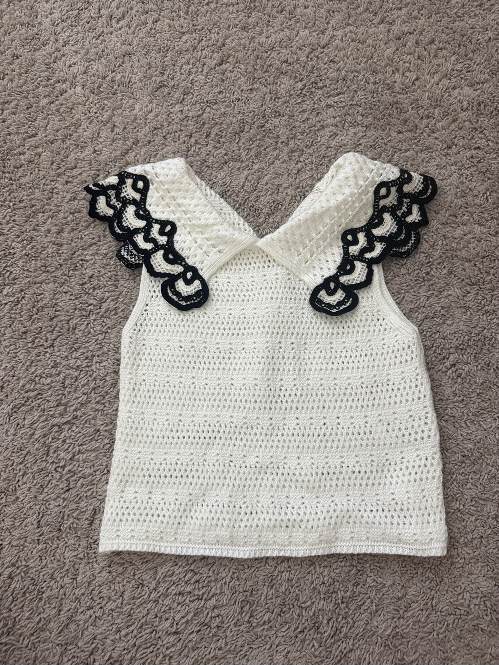 Anthropologie White Crochet Tank with Black Scalloped Lace Trim